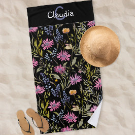 Toalha De Praia Lindos Florais Pretos Elegantes com Padrão de Flor