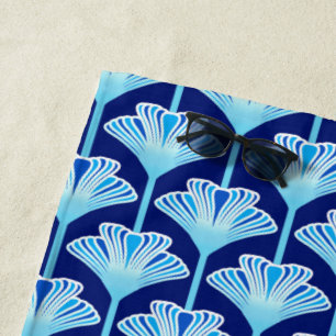 Toalha De Praia Lírio, azuis cobaltos, Aqua e branco do art deco