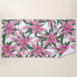 Toalha De Praia Lírios em Flor em Rosa Pastel sobre Branco