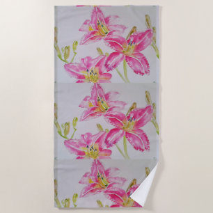 Toalha De Praia Lírios Rosa Pintura Aquarela Floral