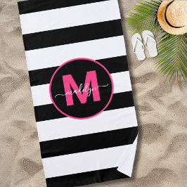 Toalha De Praia Listra Preto Branco Rosa Quente Monograma Nome