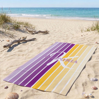Toalha de Praia Listrada de Roxo e Amarelo com Mon