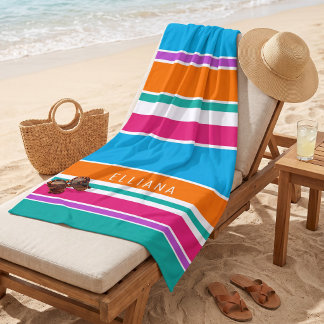 Toalha De Praia Listras Azul Céu Rosa Laranja Branco Personalizada