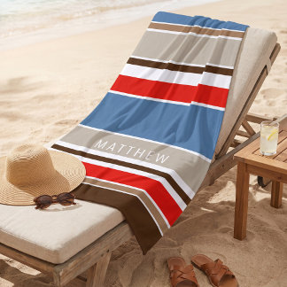 Toalha De Praia Listras Azul Náutico Personalizado Escuro Marrom V