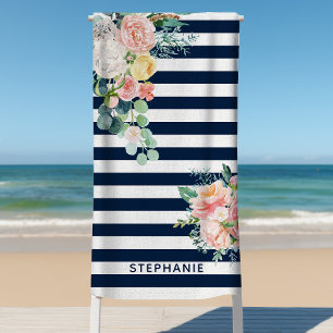 Toalha De Praia Listras Náuticas Floral Aquarela Nome Azul Marinho