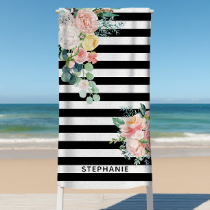 Toalha De Praia Listras Náuticas Floral Aquarela Nome Preto