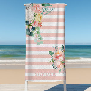 Toalha De Praia Listras Náuticas Floral Aquarela Rosa Nome