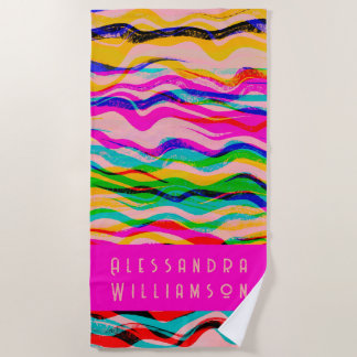 Toalha De Praia Listras Personalizadas Grunge Ondas Colorido Abstr