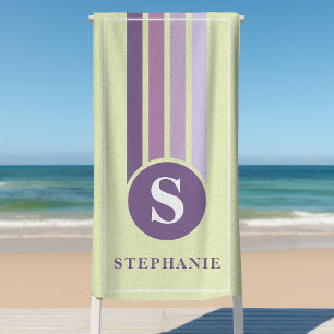 Toalha De Praia Listras Retro Monograma Roxo Nome Personalizado