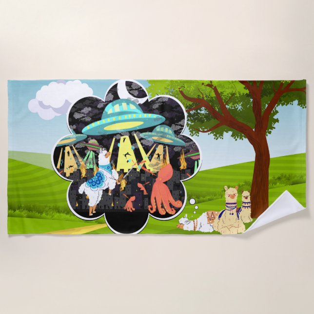 Toalha De Praia Llama Sonha Llama vs Mau Squid Epic Space Batalha (Frente)