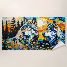 Toalha De Praia Lobo-cinza e flores selvagens