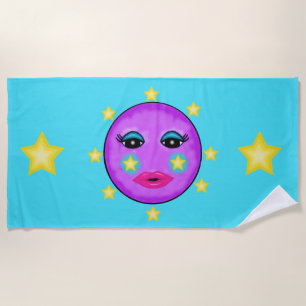 Toalha De Praia Lua Roxa bonito Face Amarelo Estrelas Lábios Rosa