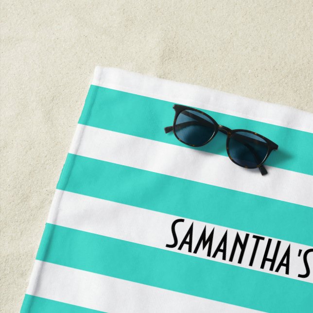 Toalha De Praia Lugar Feliz Neon Aqua e White Stripe Beach Towel (In Situ)