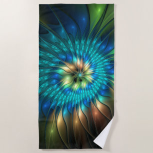 Toalha De Praia Luminosa Fantasia Flor, Colorida Abstrato Fractal