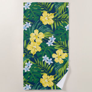 Toalha De Praia Luna Hibiscus Garden Havaiana - Amarelo e Marinho
