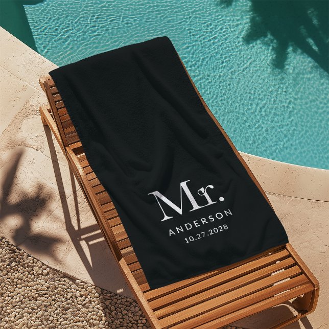 Toalha De Praia Luxe Elegance Black | Senhor e Data de Casamento (Criador carregado)