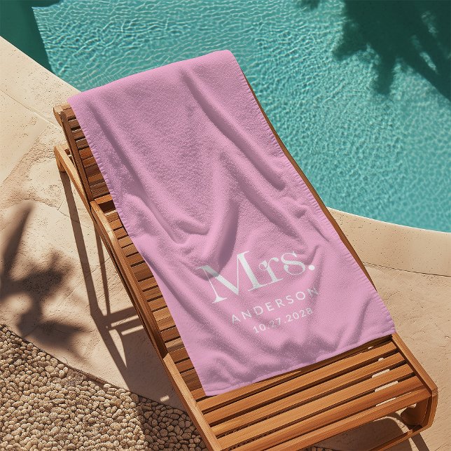 Toalha De Praia Luxe Elegance Rosa | Sra. e Data de Casamento (Criador carregado)