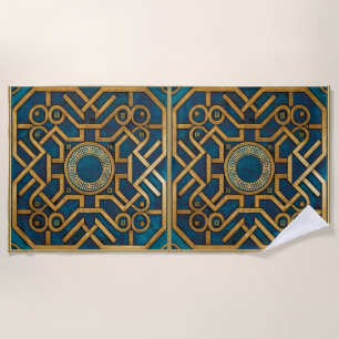 Toalha De Praia Luxo Mármore Art Déco Azul Dourado Chave Grega