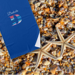 Toalha De Praia Luxo moderno coral azul inicial nome D azul