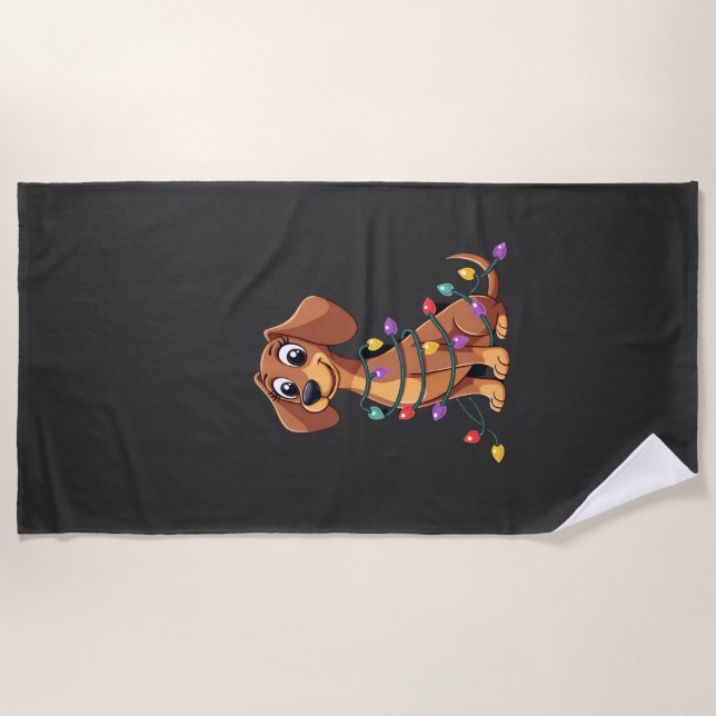 Toalha De Praia Luzes de Dachshund de Natal (2) (Frente)