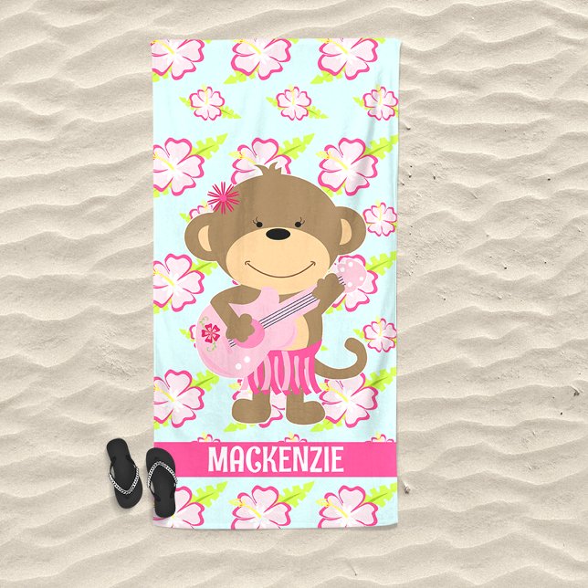Toalha De Praia Macaco Hibiscus Ukelele Cute (Hula Monkey with Ukelele Pink Tropical Beach Towel)