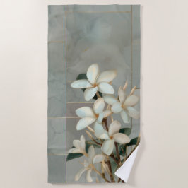 Toalha De Praia Magnólia Branca Floral Linha Dourada Mármore