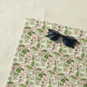 Toalha De Praia Magnólias Rosa e Branco Vintage