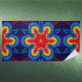 Toalha De Praia Mandala Hexagonal Vermelho Amarelo e Azul