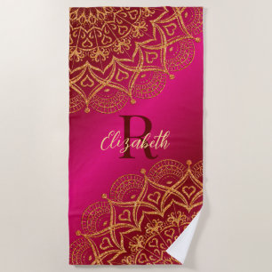 Toalha De Praia Mandala Monograma Elegante Rosa Quente