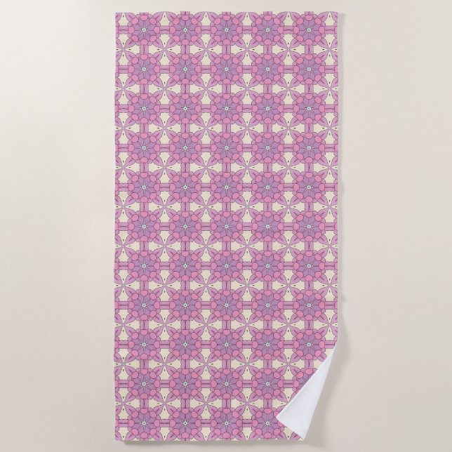 Toalha De Praia Mandalas geométricas rosa e branco (Frente)