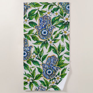 Toalha De Praia Mão Hamsa Azul de Fatima Padrão Floral