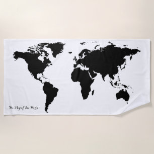 Toalha De Praia mapa gráfico negro do mundo em branco