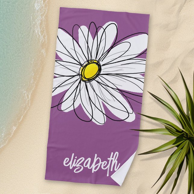 Toalha De Praia Margarida Whimsical - orquídea - nome do script de (Personalized Beach Towel with Daisy and Text)