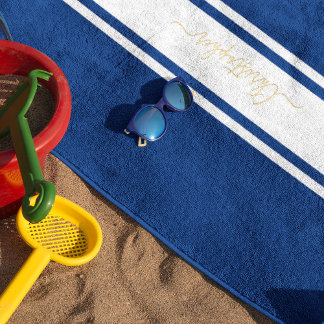 Toalha De Praia Marinho Azul, Bandas brancas, Dourada Piscina Mon