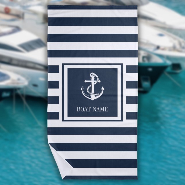 Toalha De Praia Marinho Azul, Banho Náutico Ancorado com Faixa Náu (Navy Blue Striped Nautical Anchor Boat Name Beach Towel)