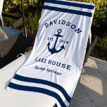 Toalha De Praia Marinho Azul - Casa da Família Personalizada<br><div class="desc">A toalha de praia náutica apresenta uma âncora de barco de estilo costeiro e uma design de listras. Personalize o texto personalizado com um sobrenome familiar   casa do lago (ou outro título) com o ano estabelecido e o local. Esquema de cores azul e branco do marinho clássico.</div>