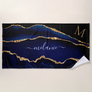 Toalha De Praia Marinho Azul Dourado Seu Nome Carta Praia Toalha