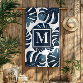 Toalha De Praia Marinho Azul e Branco Monstera Monograma Torre Pra