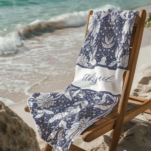 Toalha De Praia Marinho Azul Floral Personalizado William Morris E