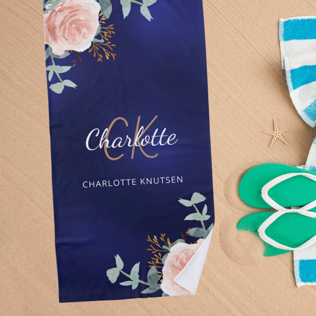 Toalha De Praia Marinho azul rosa dourado floral monograma iniciai (Criador carregado)