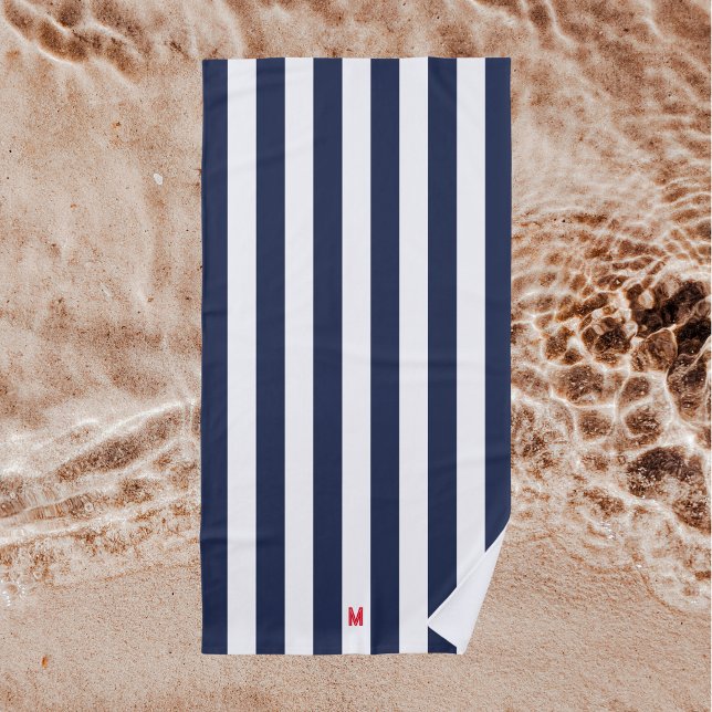 Toalha De Praia Marinho Cabana Stripe e Monograma Vermelho Persona (Criador carregado)
