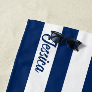 Toalha De Praia Marinho Clássico - Fita Branca Azul Personalizada