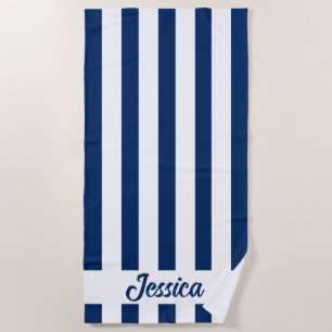 Toalha De Praia Marinho clássico, fita branca e azul de cabana