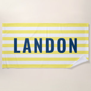 Toalha De Praia Marinho de Nome Personalizado Moderno Amarelo Stri