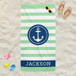 Toalha De Praia Marinho de Nome Personalizado Náutico Verde Stripe<br><div class="desc">Design de toalha de praia personalizada apresenta um design náutico com âncora de barcos redondos e texto personalizado em caracteres simples e modernos de serifa que podem ser personalizados com um nome próprio. O design do círculo azul marinho e a estrutura de texto contrasta um fundo verde-claro e branco com...</div>