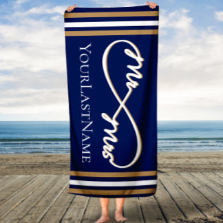 Toalha De Praia Marinho e Dourado Infinito Stripes Sr. & Sra.