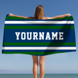 Toalha De Praia Marinho Minimalista e faixas verdes personalizadas