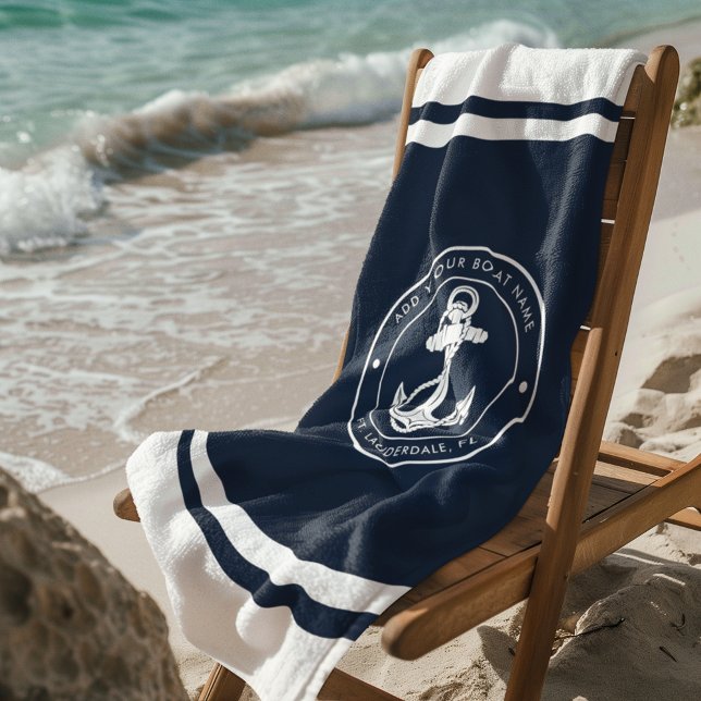 Toalha De Praia Marinho Náutico Nome de Barco Azul Ancorado Person (Nautical Anchor Custom Boat Name White and Navy Blue Beach Towel)