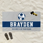 Toalha De Praia Marinho Personalizado Azul e Cinza Nome do Jogador<br><div class="desc">Design de toalha de praia personalizada para crianças e adolescentes apresenta uma bola de futebol personalizada com o número uniforme do jogador, texto personalizado para o primeiro ou sobrenome do jogador e texto moderno para o nome do time do futebol. Faz um presente de favor único para torneios e festas...</div>