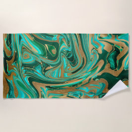 Toalha De Praia Mármore Líquido Verde e Dourado